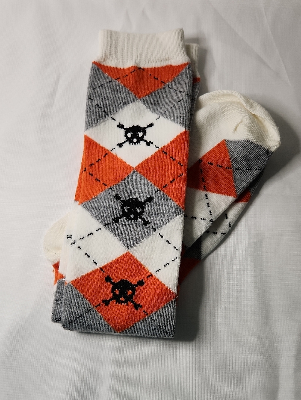 Skull Argyle Crew Socks - Orange, Gray & White